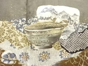 アンティーク　茶器模様肩裏紋付羽二重男物羽織